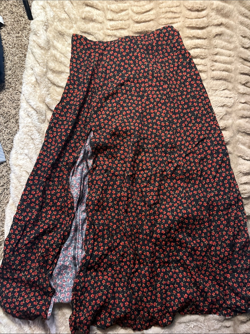 Reformation Black Maxi Skirt with Red Floral Print